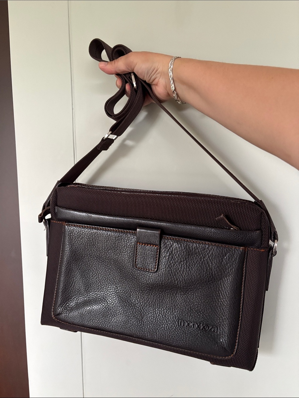 Men's Dark Brown Leather-Trim Messenger Bag